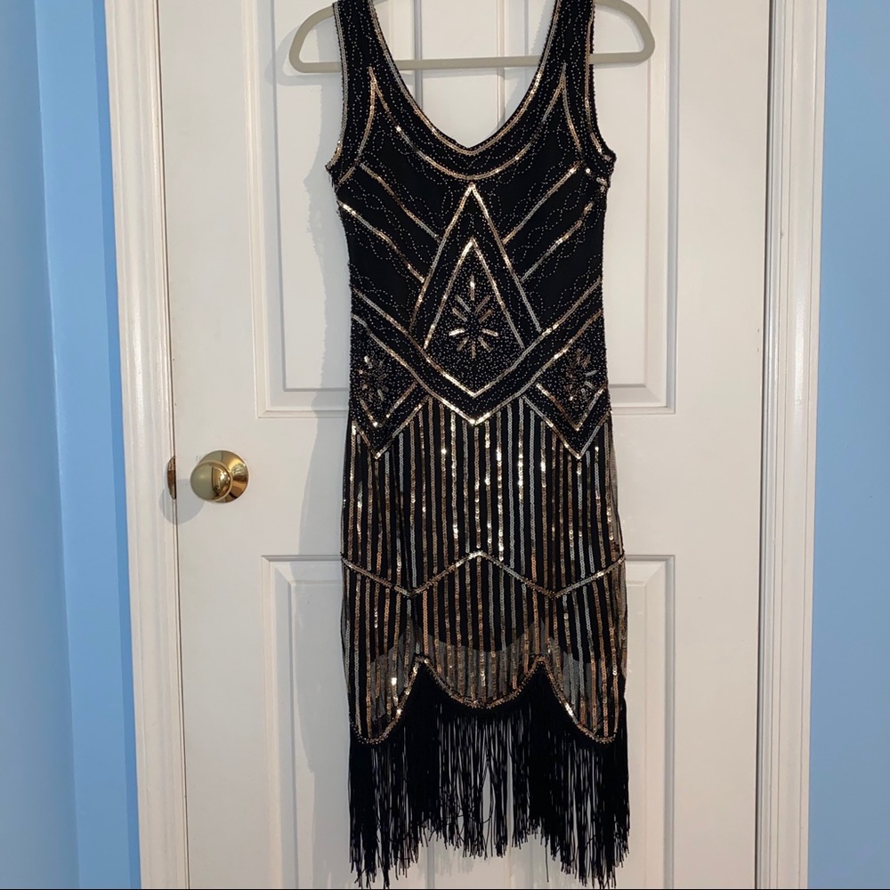 Black Gold 1920s Flapper Party Dress